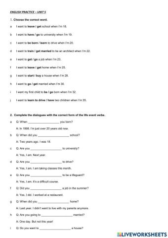 Vocabulary Life events