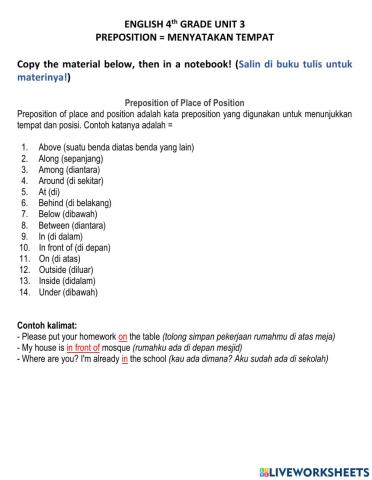 ENGLISH 4th UNIT 3 PREPOSITION