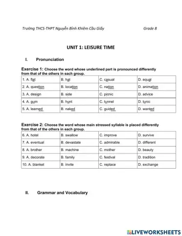 Unit 1 Grade 8 Grammar and Vocabulary
