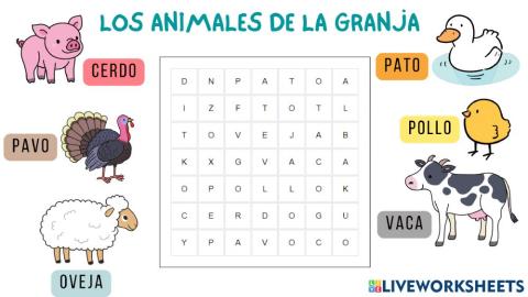 Sopa de letras sobre los animales de la granja