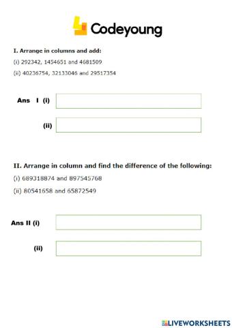 Addition and Subtraction of 10-Digit Numbers Application
