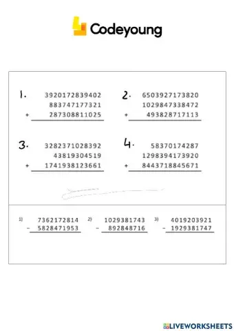 Addition and Subtraction of 10-Digit Numbers Concept HW