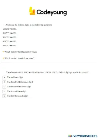 Comparing and Ordering 10-Digit Numbers Advanced