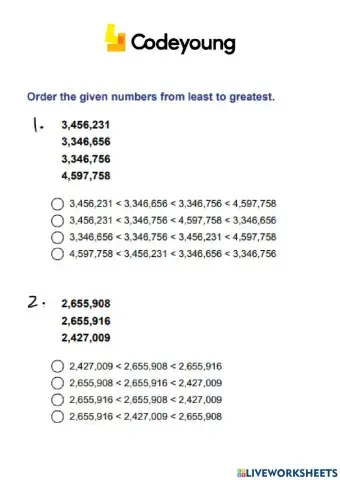 Comparing and Ordering 10-Digit Numbers Concept HW