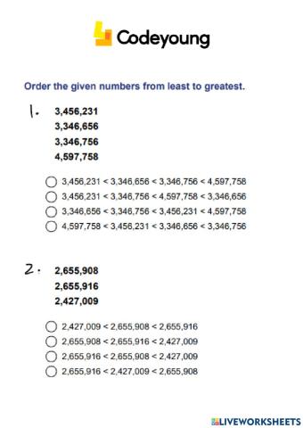 Comparing and Ordering 10-Digit Numbers Concept HW