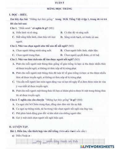 Môn Tiếng Việt 4 - Tuần 5