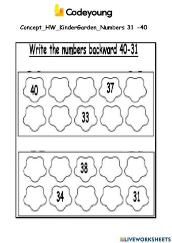 Backward numbers from 31 to 40