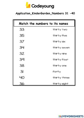 Number names from 31 to 40