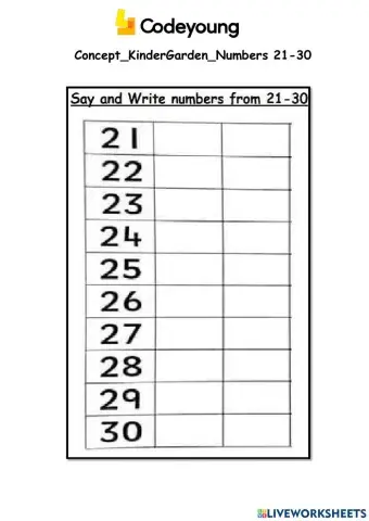 Numbers from 21 to 30