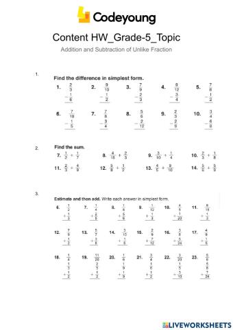 Content HW-Addition and Subtraction of Unlike Fraction