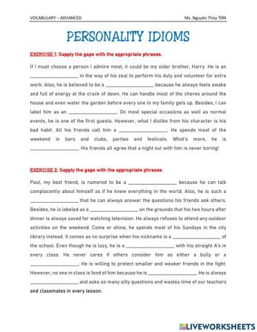 IDIOMS about PERSONALITY