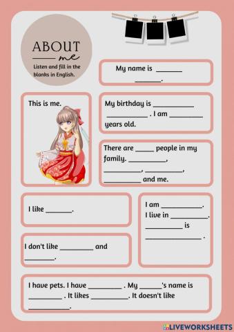 About Me Worksheet 4