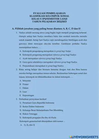 Soal evaluasi klasifikasi kelompok sosial