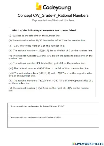 Representation of Rational Numbers Concept CW