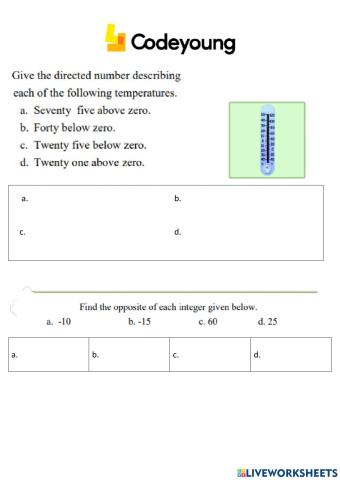 Introduction to Negative Numbers Concept CW
