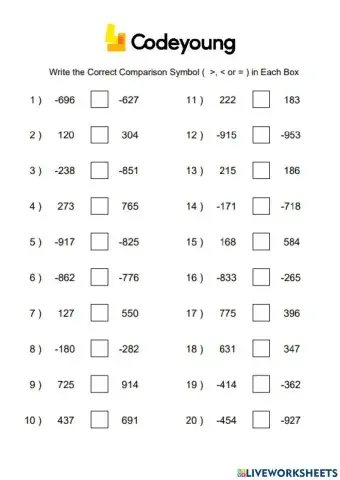 Comparison and Ordering of Integers Concept HW