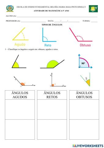 Atividade de matemática 5° ano - tipos de ângulos