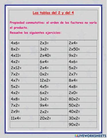 Ejercicios de las tablas del 2 y del 4