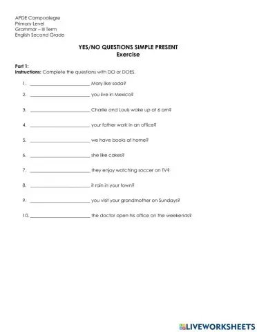 Yes no questions simple present exercise