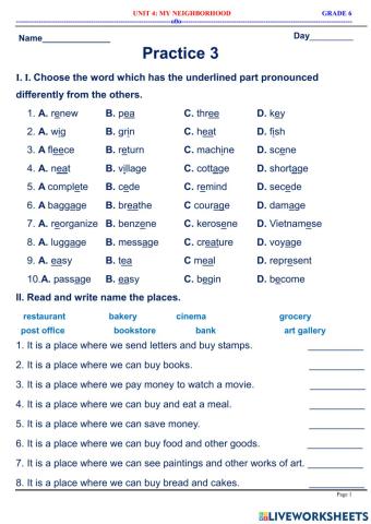 English 6 - Unit 4 - My Neighbourhood - Practice 1