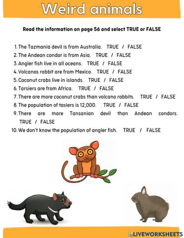 Weird animals - True-Flase Reading