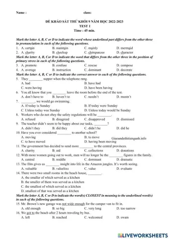 Đề 1 khảo sát lơp 9 -2022
