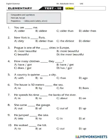 Elementary Test 10 Part 1 Grammar