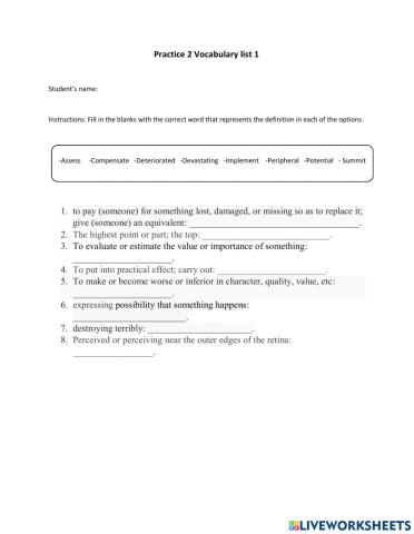Practice 2 Vocabulary list 1