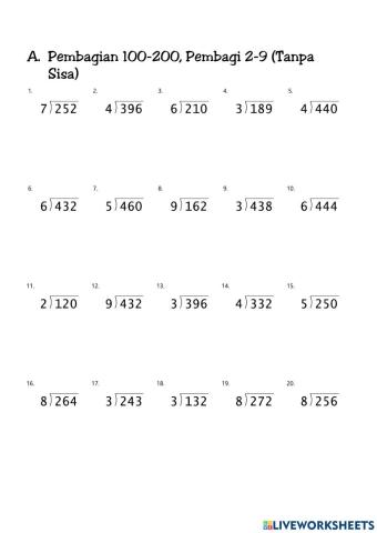 Pembagian 100-200, Pembagi 2-9 Tanpa Sisa A