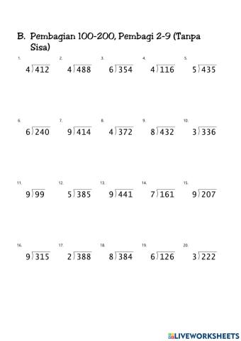 Pembagian 100-200, Pembagi 2-9 Tanpa Sisa B