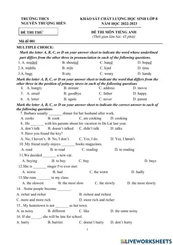 Đề khảo sát thử lớp 8