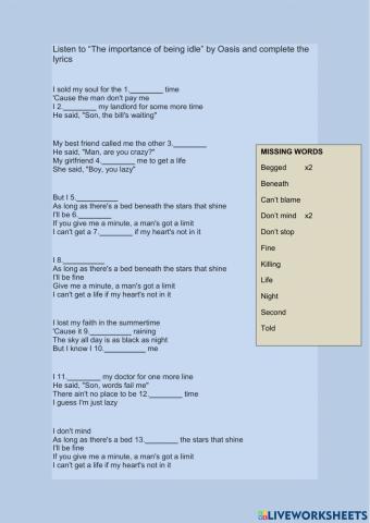 A2 song worksheet -The importance of Being Idle- Oasis
