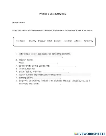 Practice 2 Vocabulary list 2