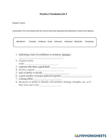 Practice 2 Vocabulary list 2