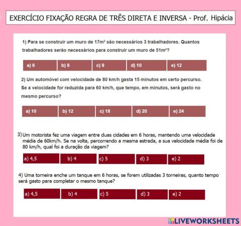 Regra de três simples direta e inversa