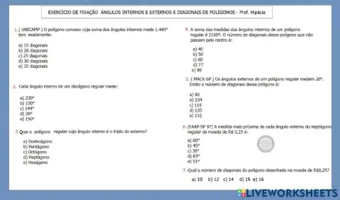 Ângulos internos e externos e diagonais de polígonos