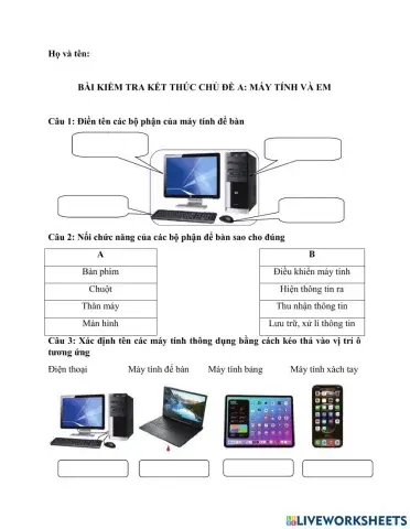 Kiểm tra chủ đề A1 - Tin học 3 (Cánh diều)