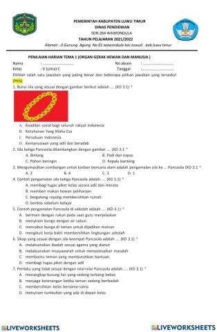 Penilaian harian tema 1 kelas 5 c