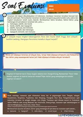 Soal Evaluasi Faktor-faktor yang Mempengruhi Persebaran Flora dan Fauna di Indonesia