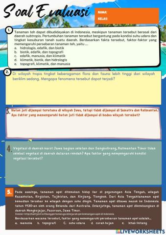 Soal Evaluasi Faktor-faktor yang Mempengruhi Persebaran Flora dan Fauna di Indonesia