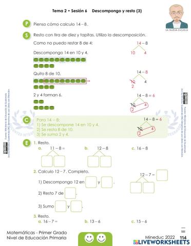 Matemáticas Primer Grado Mineduc 2022 pág. 114 - Tema 2 • Sesión 6 Descompongo y resto