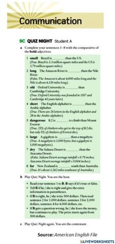 Quiz Night Speaking Activity Student A