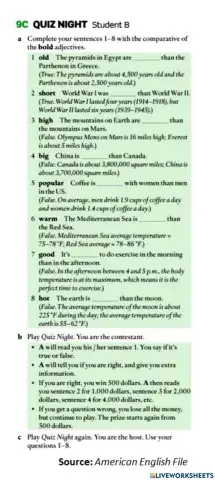 Quiz Night Speaking Activity Student B