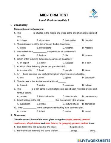 MID-TERM TEST Level: Pre-intermediate 2