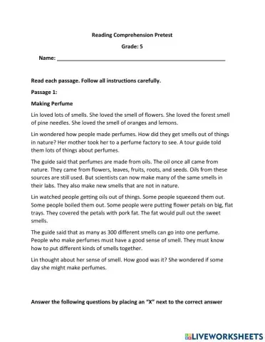 Reading Comprehension Pretest