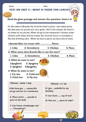 Pre test Unit 5 What is there for lunch