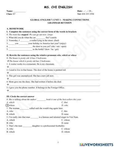 Viet Teacher - S7 - Week 3 - U1 - Grammar Revision