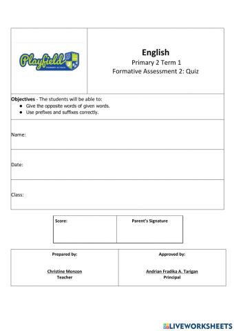 Primary 2 English Formative Assessment 2