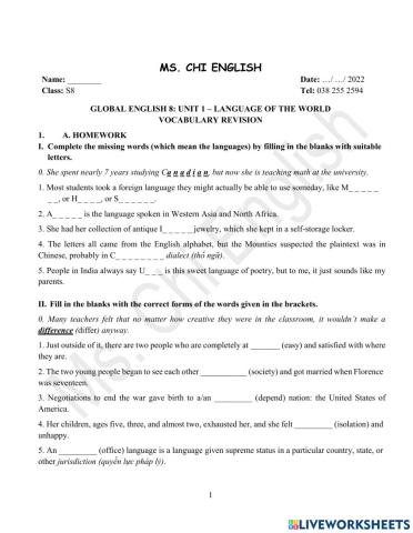 Foreign teacher-S8-Week3-U1-Vocab Revision