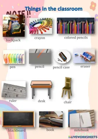 Ocabulary about things in the classroom, sports and subjects.